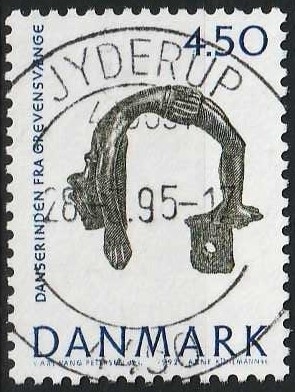 FRIMÆRKER DANMARK | 1992 - AFA 1008 - Nationalmuseets samlinger - 4,50 Kr. blå/grøn - Lux Stemplet Jyderup
